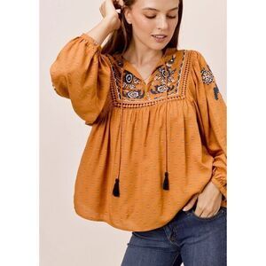 Lovestitch Butterscotch and Navy Embroidered Boho Peasant Top Sz S